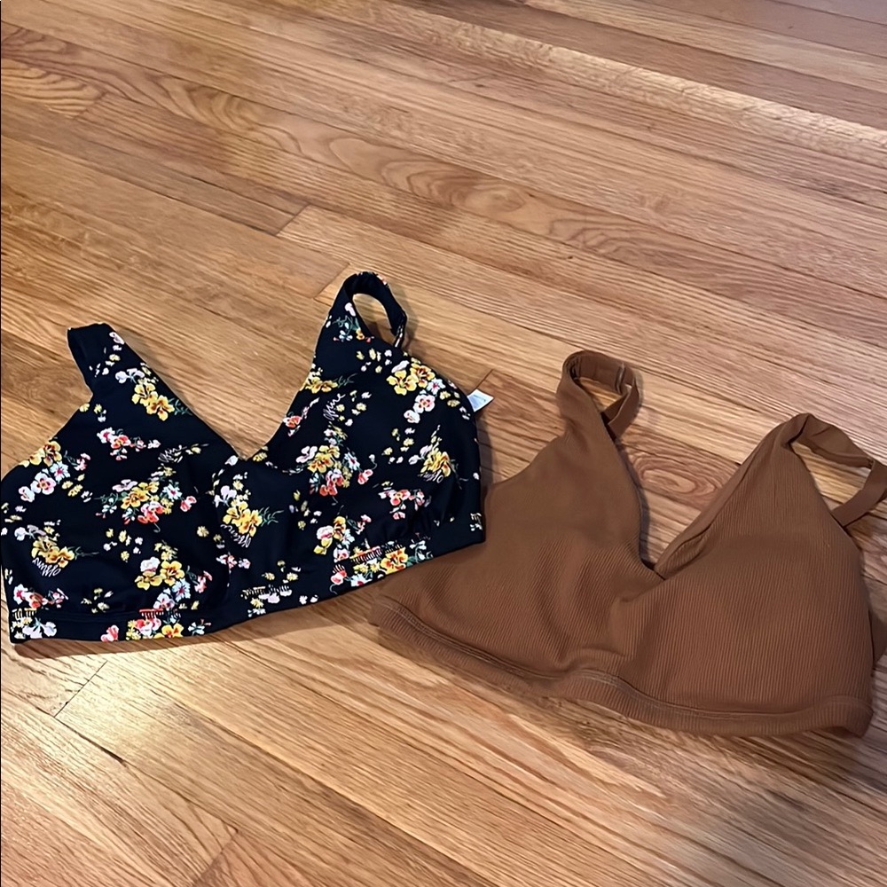 aerie Floral Black & Brown Ribbed Wireless Sports Bras